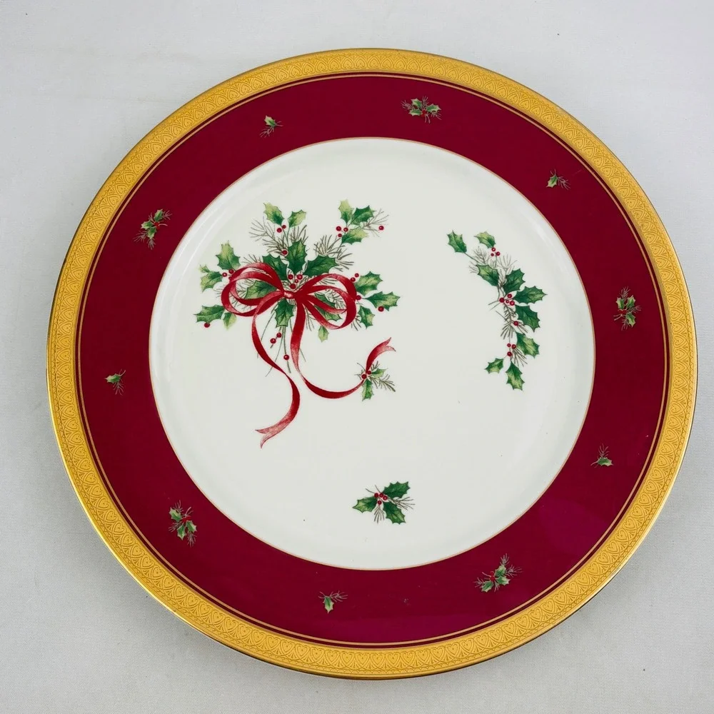 Mikasa Palatial Holly Gold Cake Plate & Server Red Gold Trim Holidays Christmas